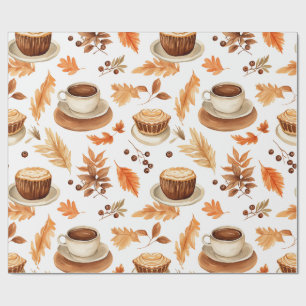 Papel De Presente Canecas de Café de Outono Aconchegante e Folhas em