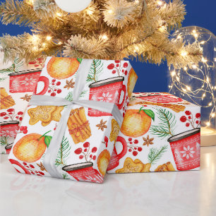 Papel De Presente Canecas de Chocolate Quente de Natal e Biscoitos
