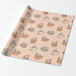 Papel De Presente Canecas de Outono & Torta de Abóbora Kawaii Wrap