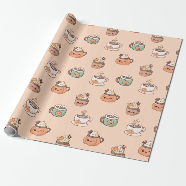 Papel De Presente Canecas de Outono & Torta de Abóbora Kawaii Wrap (Desenrolado)