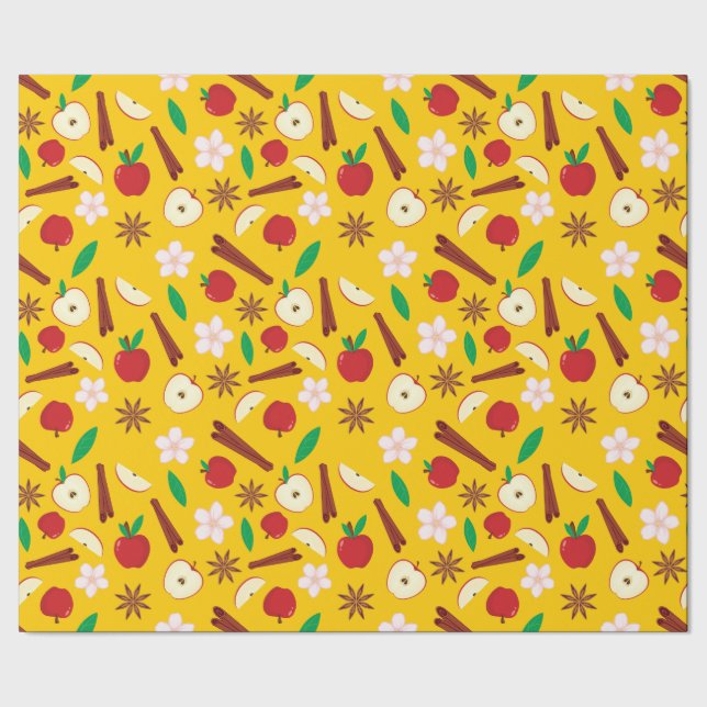 Papel De Presente Canela, Maçãs, Anis Estrelado e Flores Sem Costura (Barra)