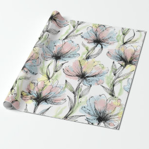 Papel De Presente Caneta de Tinta e Flores Grandes Abstratas Lavadas