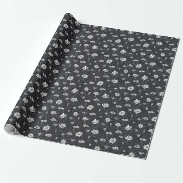 Papel De Presente Caneta Negra Chamomile: Desenho Floral. (Desenrolado)