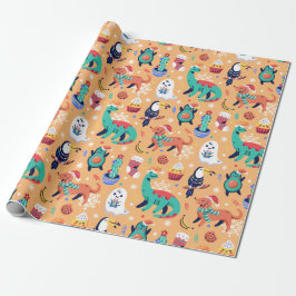 Papel De Presente Cantinho de Natal Dinossauro Papagaio Avocado Cact