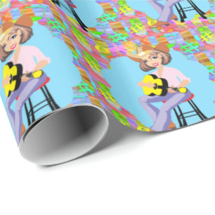 Papel De Presente Cantora Ocidental De Cowgirl Com Violão Amarelo