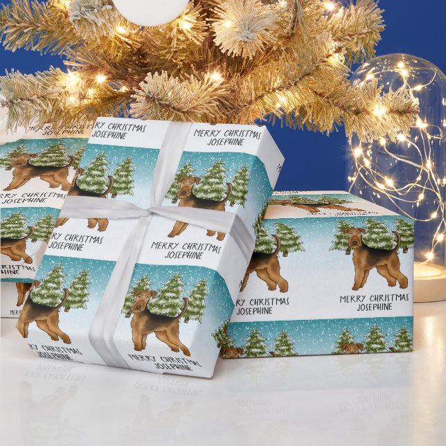 Papel De Presente Cão Airedale Terrier Floresta de Inverno Nevado Fe (Feriados)