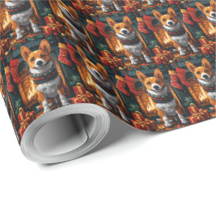 Papel De Presente Cão Basenji com Presentes de Natal Lareira