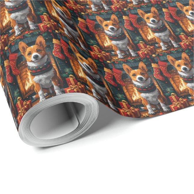 Papel De Presente Cão Basenji com Presentes de Natal Lareira (Ponta do rolo)