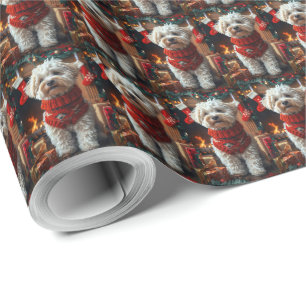 Papel De Presente Cão Bichon Frise com Presentes de Natal Lareira