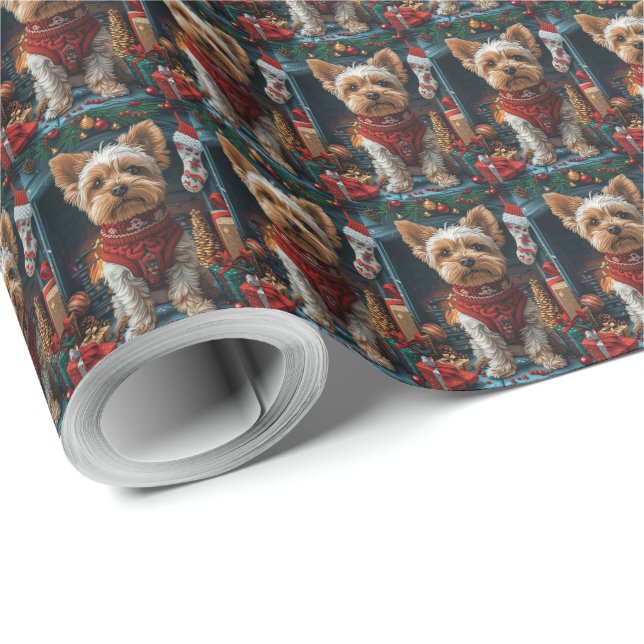 Papel De Presente Cão Biewer Terrier com Presentes de Natal Lareira (Ponta do rolo)