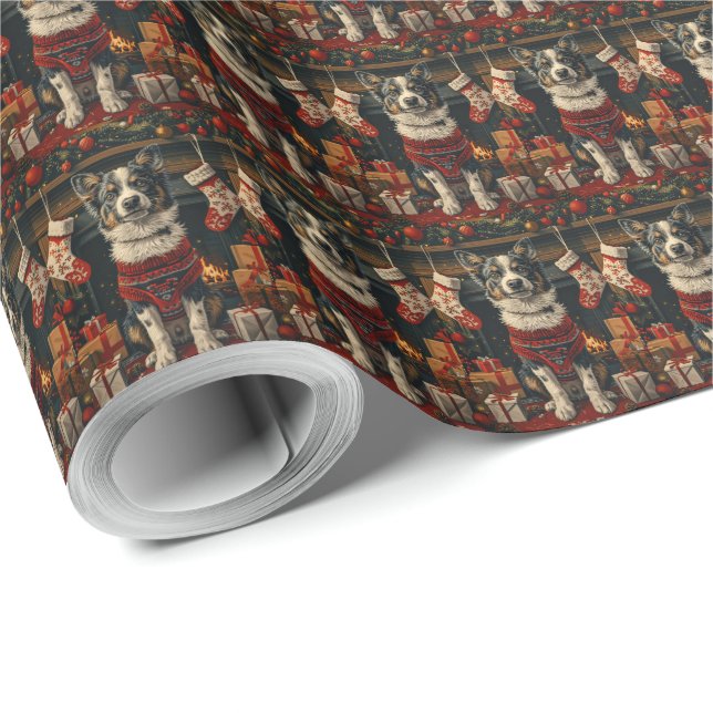 Papel De Presente Cão Blue Heeler com Presentes de Natal Lareira (Ponta do rolo)