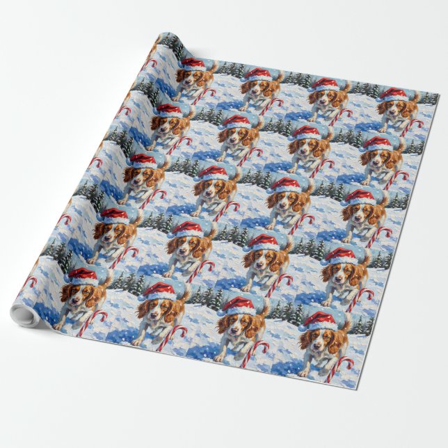 Papel De Presente Cão Brittany Spaniel Apontando para Doce de Natal (Desenrolado)