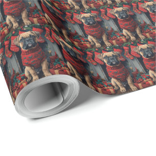Papel De Presente Cão Bullmastiff com Presentes de Natal Lareira