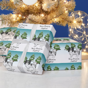 Papel De Presente Cão Cachorro Negro E Branco Na Floresta De Inverno
