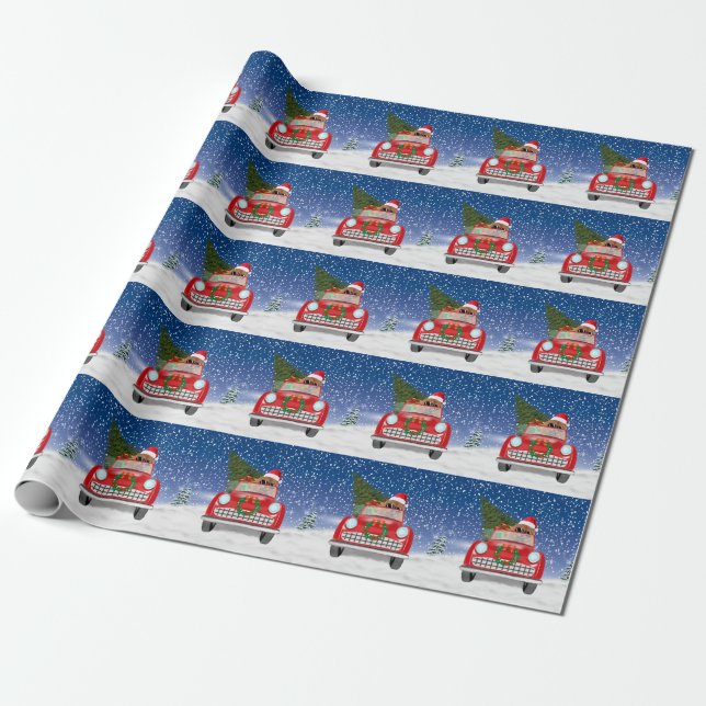 Papel De Presente Cão Chow Chow Dirigindo Carro Na Neve (Desenrolado)