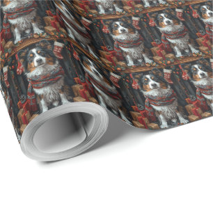 Papel De Presente Cão Collie com Presentes de Natal na Lareira