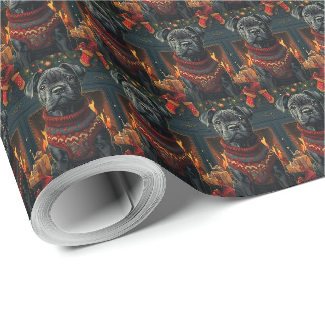 Papel De Presente Cão Corso Com Presentes De Natal Lareira (Ponta do rolo)