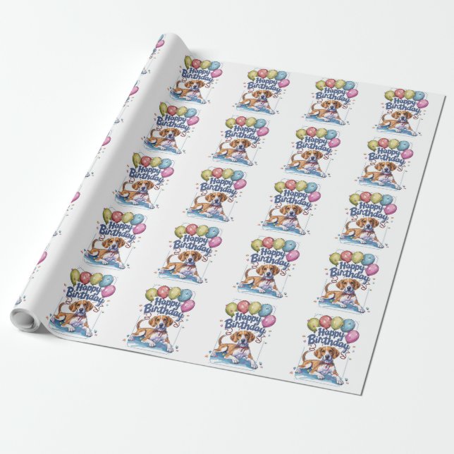 Papel De Presente Cão de Caça Inglês Americano com Balões de Anivers (Desenrolado)