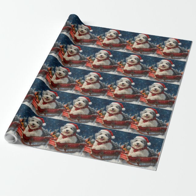 Papel De Presente Cão de Ovelha Inglês em Trenó Deixe Nevar Natal (Desenrolado)