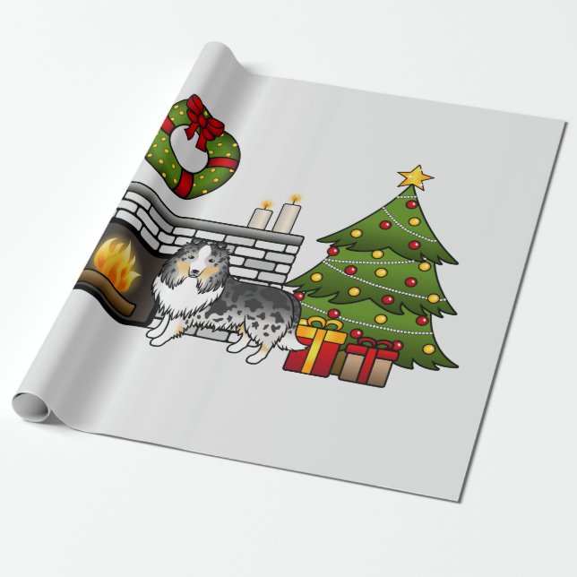Papel De Presente Cão de Ovelha Shetland Blue Merle em uma Sala de N (Desenrolado)