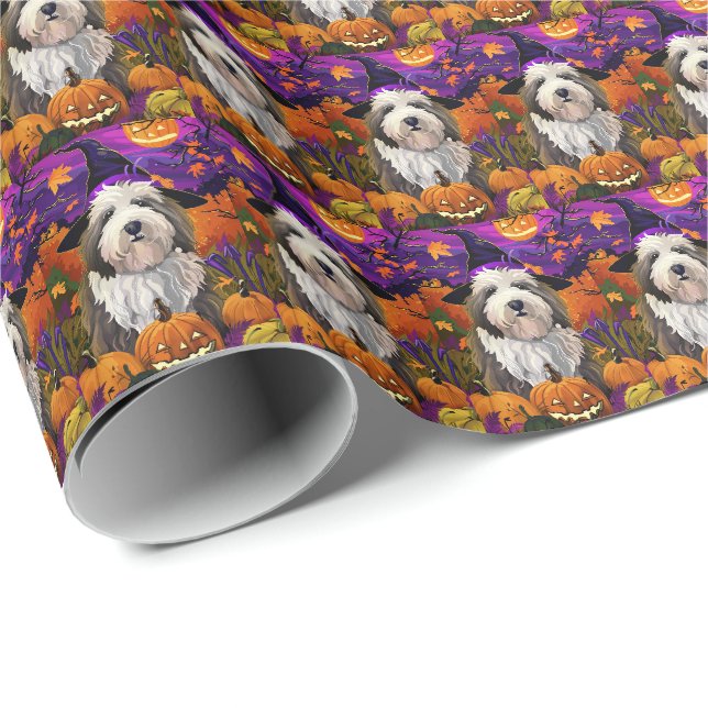 Papel De Presente Cão de Pastoreio Inglês Antigo Halloween Bruxa Abó (Ponta do rolo)
