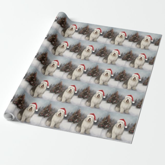 Papel De Presente Cão de Pastoreio Inglês Antigo na Neve Natal (Desenrolado)