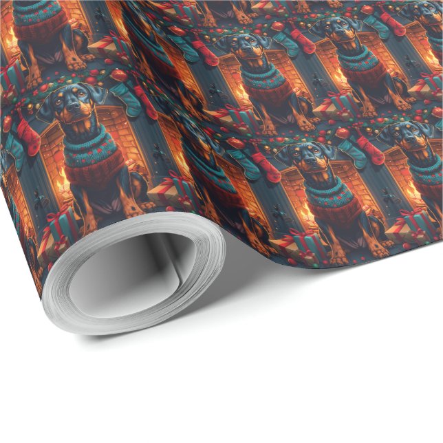 Papel De Presente Cão Doberman Com Presentes de Natal Lareira (Ponta do rolo)