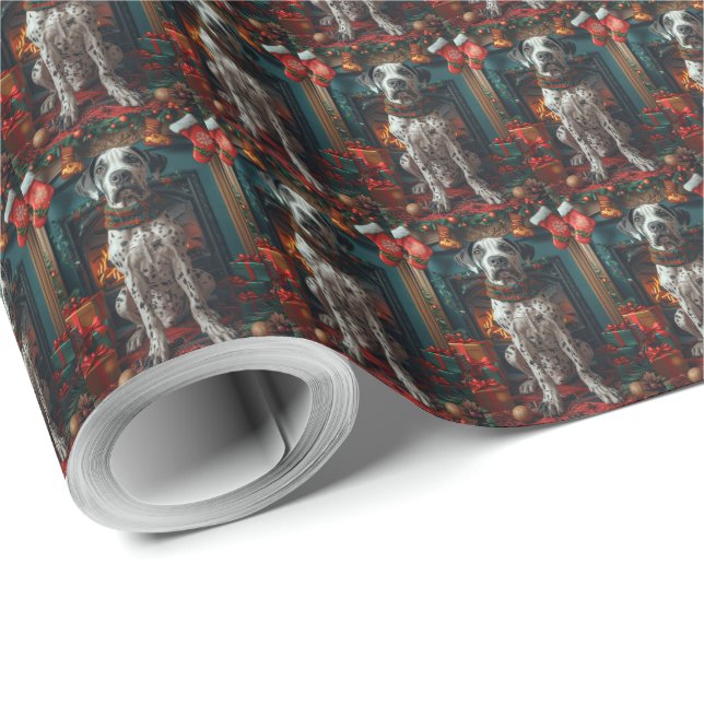 Papel De Presente Cão Dogue Alemão Com Presentes De Natal Lareira (Ponta do rolo)