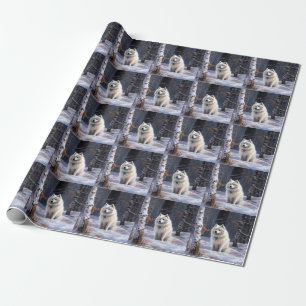 Papel De Presente Cão Esquimó Americano Natal Neve Caindo
