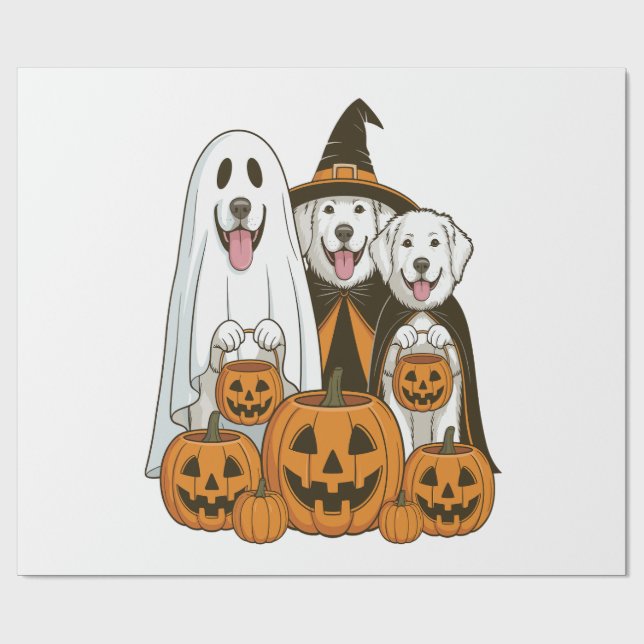 Papel De Presente Cão Grande Pirenéus Fantasma Bruxa Halloween Corre (Aberto)