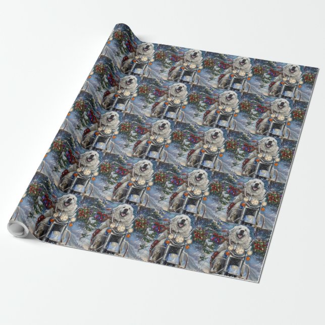 Papel De Presente Cão Great Pyrenees andando de motocicleta no Natal (Desenrolado)