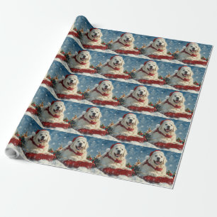 Papel De Presente Cão Great Pyrenees em Trenó Deixe Nevar Natal