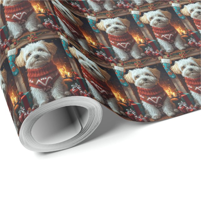 Papel De Presente Cão Havanês Com Presentes de Natal  (Ponta do rolo)