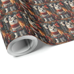 Papel De Presente Cão Husky Siberiano Com Presentes de Natal Lareira