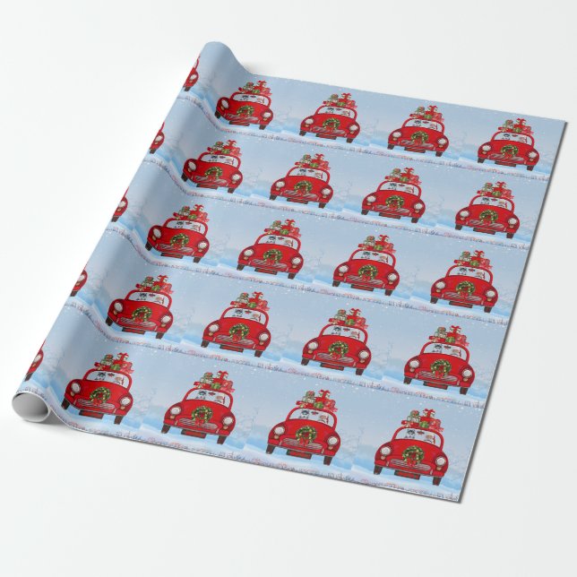 Papel De Presente Cão Husky Siberiano no Carro com Papai Noel (Desenrolado)