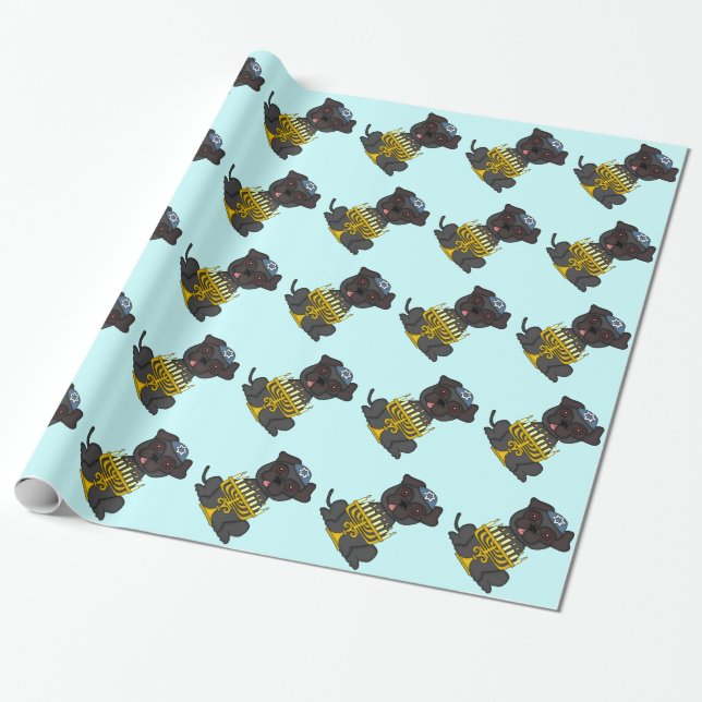 Papel De Presente Cão judaico do Feriado-Pug com Menorah (Desenrolado)