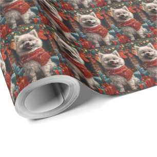 Papel De Presente Cão Keeshond com Presentes de Natal Lareira