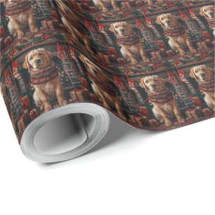 Papel De Presente Cão Labrador com Presentes de Natal na Lareira