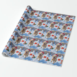 Papel De Presente Cão Labrador Correndo na Neve com Chapéu de Natal