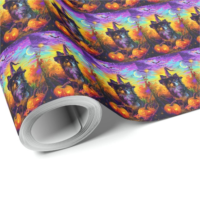 Papel De Presente Cão Lapphund Finlandês no Dia das Bruxas com uma B (Ponta do rolo)