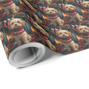 Papel De Presente Cão Lhasa Apso Com Presentes De Natal Lareira