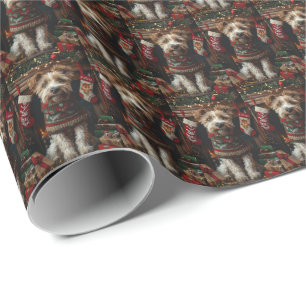 Papel De Presente Cão lobo-hound com presentes de Natal na lareira