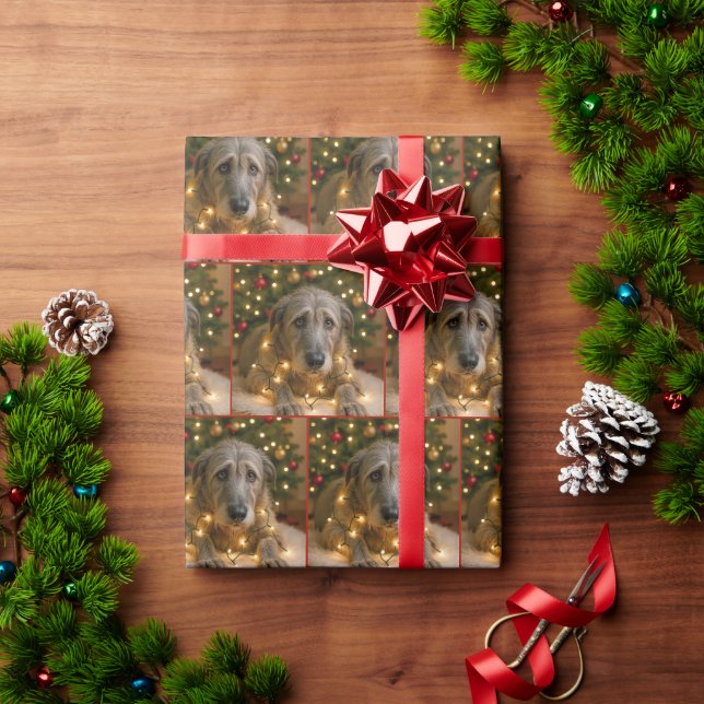 Papel De Presente Cão Lobo Irlandês de Natal Enroscado em Luzes (Presente de Natal)