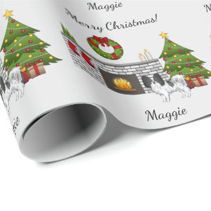 Papel De Presente Cão Negro E Branco Cachorro Em Uma Sala De Natal
