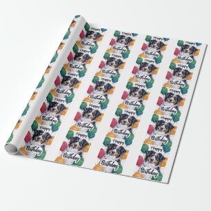 Papel De Presente Cão Pastor Australiano com Balões de Aniversário