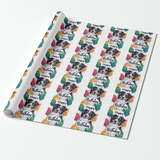 Papel De Presente Cão Pastor Australiano com Balões de Aniversário (Desenrolado)
