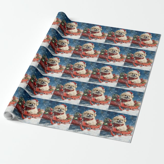 Papel De Presente Cão Pequinês em Trenó Deixe Nevar Natal (Desenrolado)