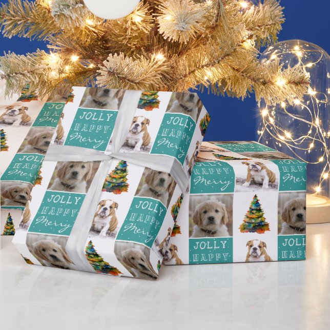 Papel De Presente Cão Pet 2 Fotografias Árvore de Natal Aquarela (Feriados)