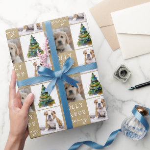 Papel De Presente Cão Pet 2 Fotografias Árvore de Natal Aquarela