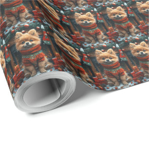 Papel De Presente Cão Pomerânia com Presentes de Natal Lareira